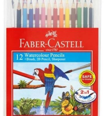 FABER CASTELL WATERCOLOUR PENCIL 12 LONG + BRUSH, SHARPENER, 2B PENCIL IN WONDER BOX